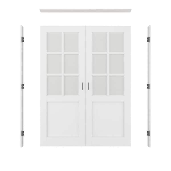 ARK DESIGN 64 in. x 80 in. 1/2-Lite Clear Glass Universal White Solid Core Glass Double Prehung French Door + Quick Jamb&Ball Catch