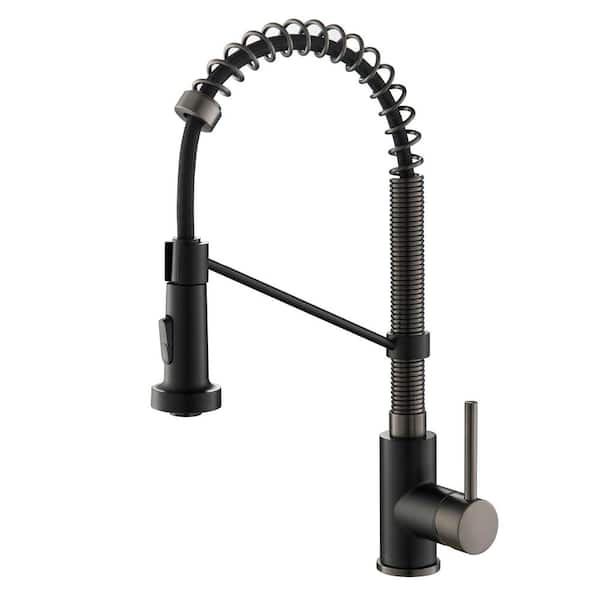 KRAUS Single Handle 18-Inch Pull Down Kitchen Faucet with Dual Function Spray Head in Matte Black/Black Stainless