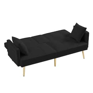 Black Tufted Velvet Futon Sofa Bed with 2-cup holders