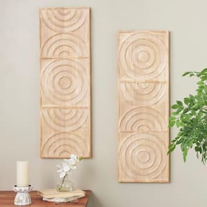 Wood Light Brown Carved Panel Arch Geometric Wall Art with White Linear Markings (Set of 2)