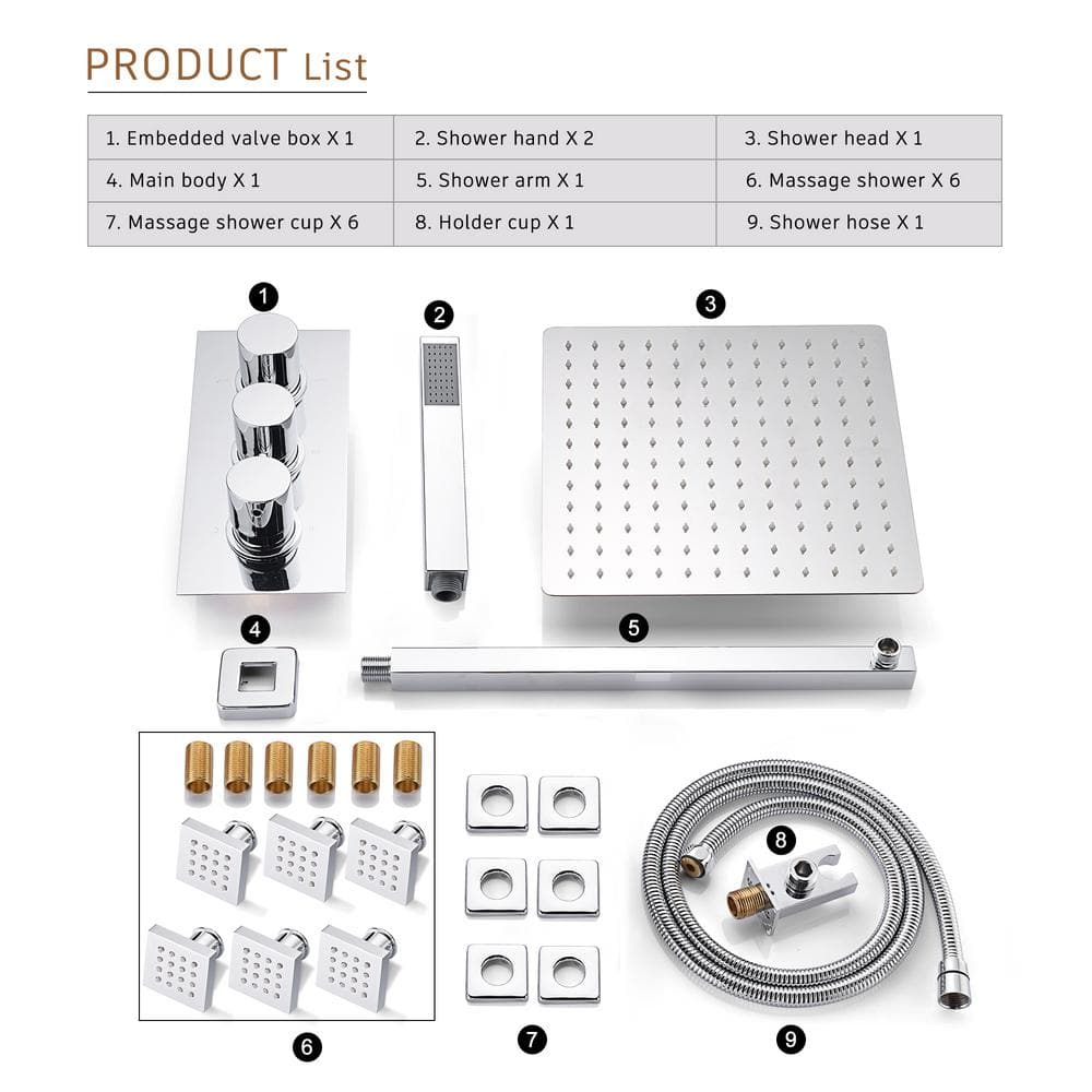 Chrome Dual Square Wall Mounted Shower System with Handheld and Body Jets