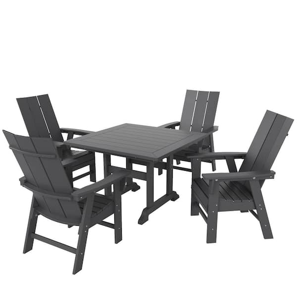 WESTIN OUTDOOR Shoreside Outdoor Patio Weather Resistant Adirondack Gray 5-Piece HDPE Plastic Square Table Dining Set