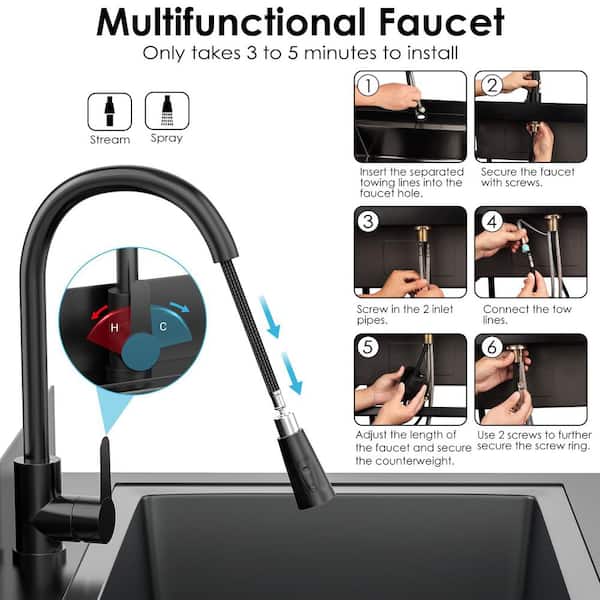 31 in. Freestanding 1-Compartment Commercial Kitchen Sink in Stainless Steel with Cold and Hot Water Pull-Out Faucet