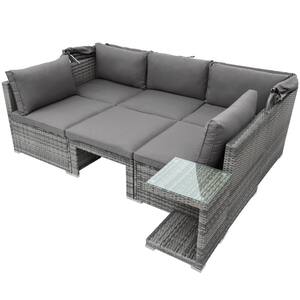 5 Pieces Gray PE Wicker Outdoor Coversation Sectional Set with Canopy, Tempered Glass Side Table and Gray Cushions