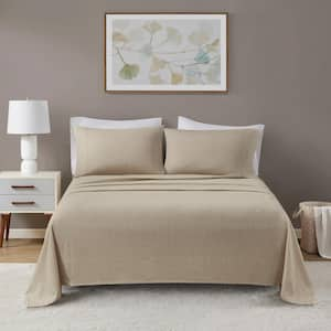 Oversized Cotton Flannel 4-Piece Beige/White Stripes Full Sheet Set