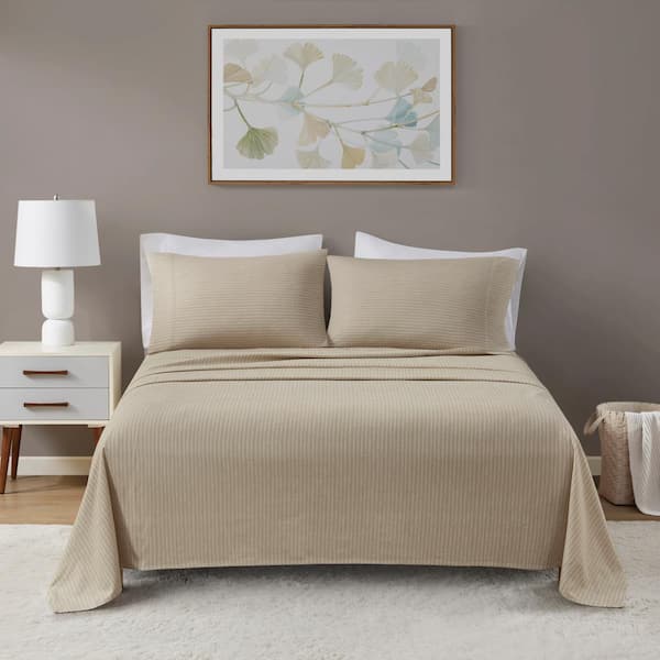 Beautyrest Oversized Cotton Flannel 4-Piece Beige/White Stripes Queen Sheet Set