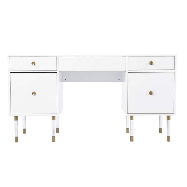 SEI FURNITURE Helston 55 in. Rectangle White Wood 5 Drawer Writing Desk with Unique, metal capped acrylic legs
