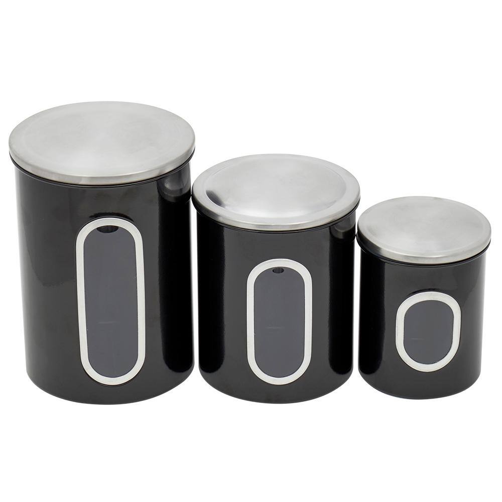 Home Basics 3 Piece Stainless Steel Top Canisters With Windows Black   Black Home Basics Kitchen Canisters Hdc92360 64 1000 