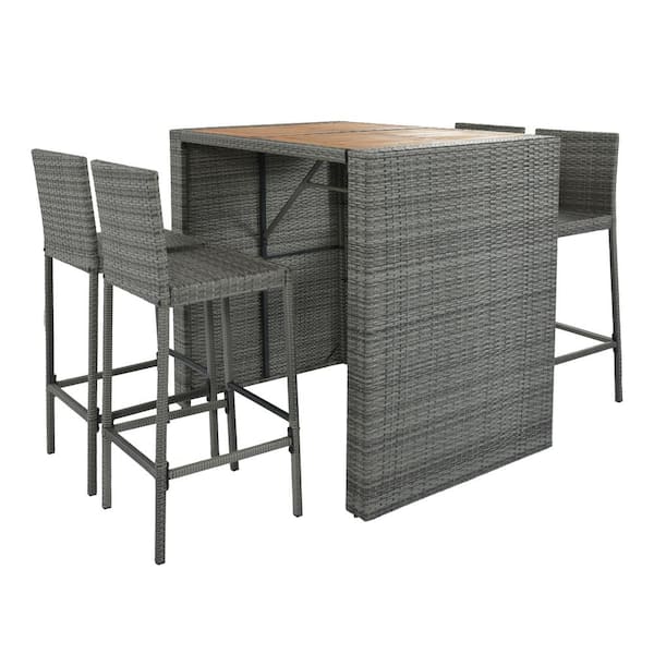 myhomore Outdoor Patio Bar Set Gray of 5-Piece Wicker rectangle Bar Height Outdoor Serving Bar Set with Gray Cushions
