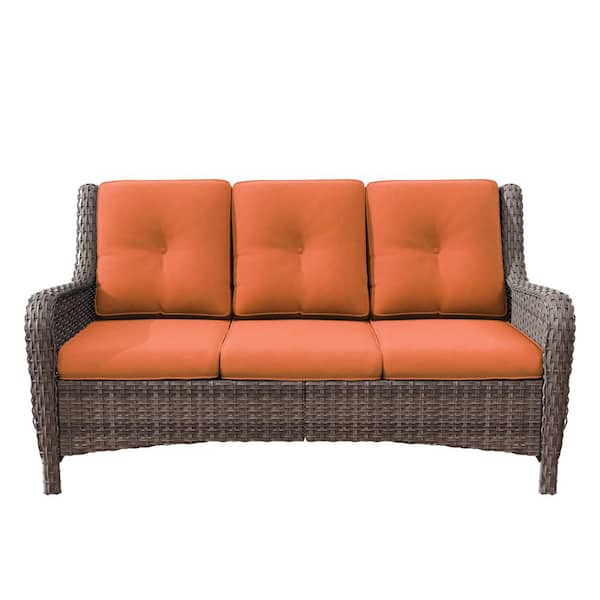 3-Seat Wicker Outdoor Patio Sofa Sectional Couch with Orange Cushions