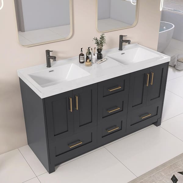 60 in. W x 22 in. D x 36 in.H Bathroom Vanity Double Sink Freestanding Bath Vanity Cabinet in Green with White Resin Top