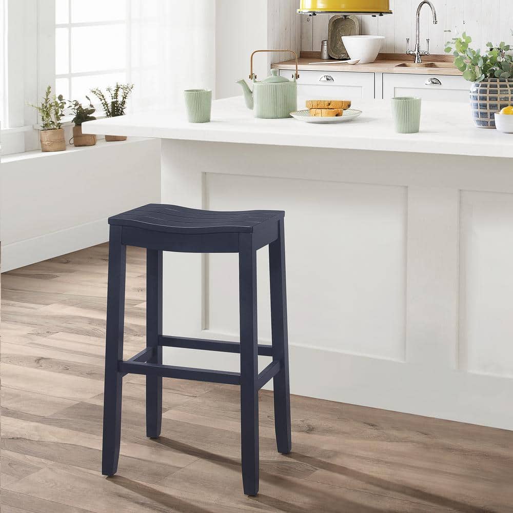 Navy Wood Backless Saddle Style Counter Stool