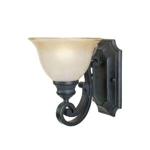 7.25 in. Monte Carlo 1-Light Natural Iron Mediterranean Wall Mount Sconce Light with Ochre Glass Shade
