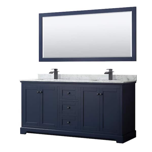 Wyndham Collection Avery 72 in. W x 22 in. D x 35 in. H Double Bath Vanity in Dark Blue with White Carrara Marble Top and 70 in. Mirror