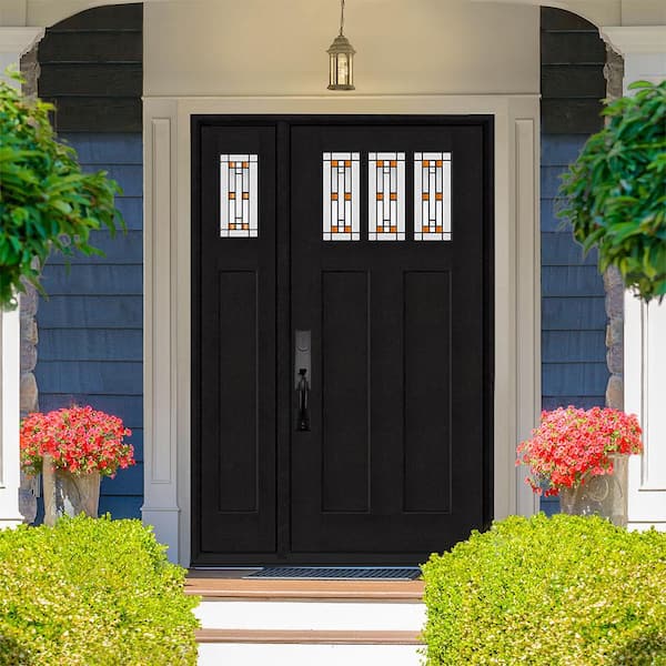 Regency 51 in. x 80 in. 3Lite Amberton Deco Glass RHIS Onyx Stain Fir Grain Fiberglass Prehung Front Door w/12in.SL