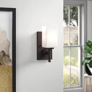 Dakota 4.5 in. 1-Light Biscayne Bronze Vintage Industrial Wall Sconce with Frosted White Glass Shade