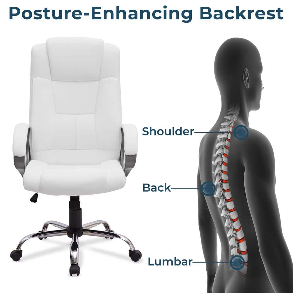 White High Back Executive Adjustable Height Faux Leather Office Chair with Back Support, Armrest and Lumbar Support - Thumbnail 3