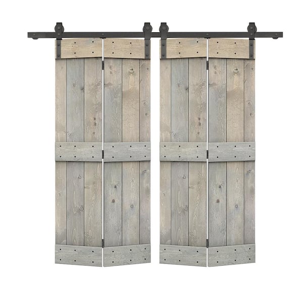 CALHOME 56 in. x 84 in. Mid-Bar Solid Core Smoke Gray Stained DIY Wood Double Bi-Fold Barn Doors with Sliding Hardware Kit