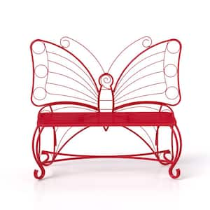 48 in. Butterfly Cast Metal Outdoor Garden Bench in Red for Garden, Yard, Park, Entryway