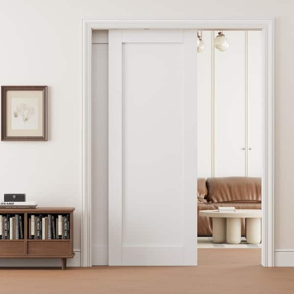 30 in. x 80 in. White Blank Primed Door Slab with Wood Bypass Pocket Door Frame and Hardware (Bypass Hardware Incl)