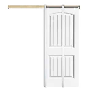 30 in. x 80 in. White Painted Composite MDF 2Panel Camber Top Sliding Door with Pocket Door Frame and Hardware Kit