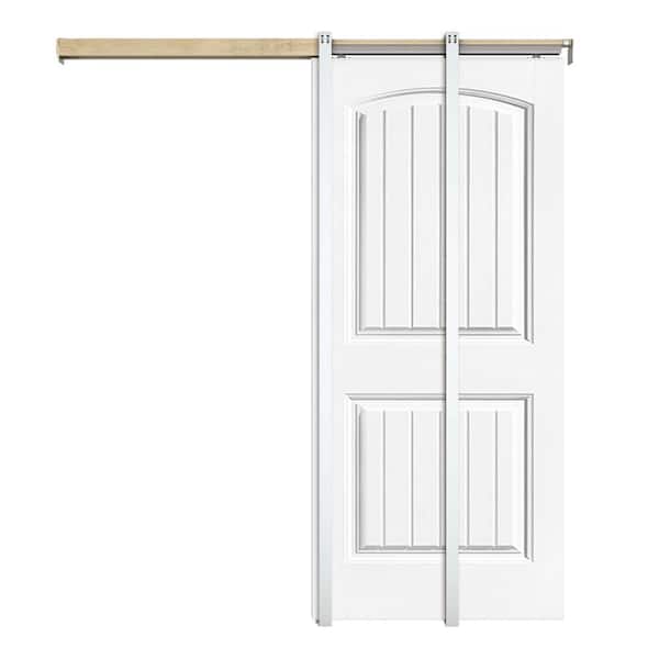 CALHOME 30 in. x 80 in. White Painted Composite MDF 2Panel Camber Top Sliding Door with Pocket Door Frame and Hardware Kit