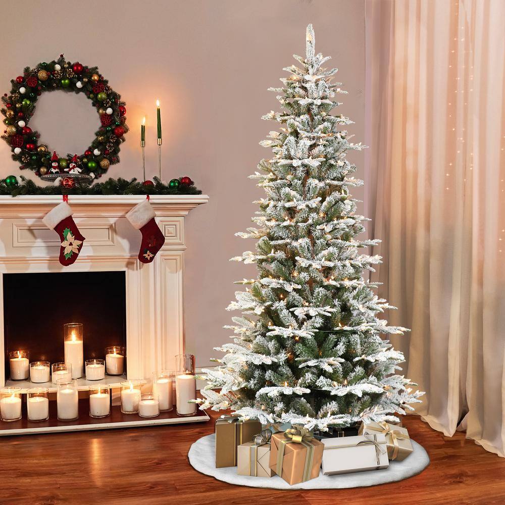 7.5-Foot Slim Flocked Fir Pre-Lit Christmas Tree with White Lights