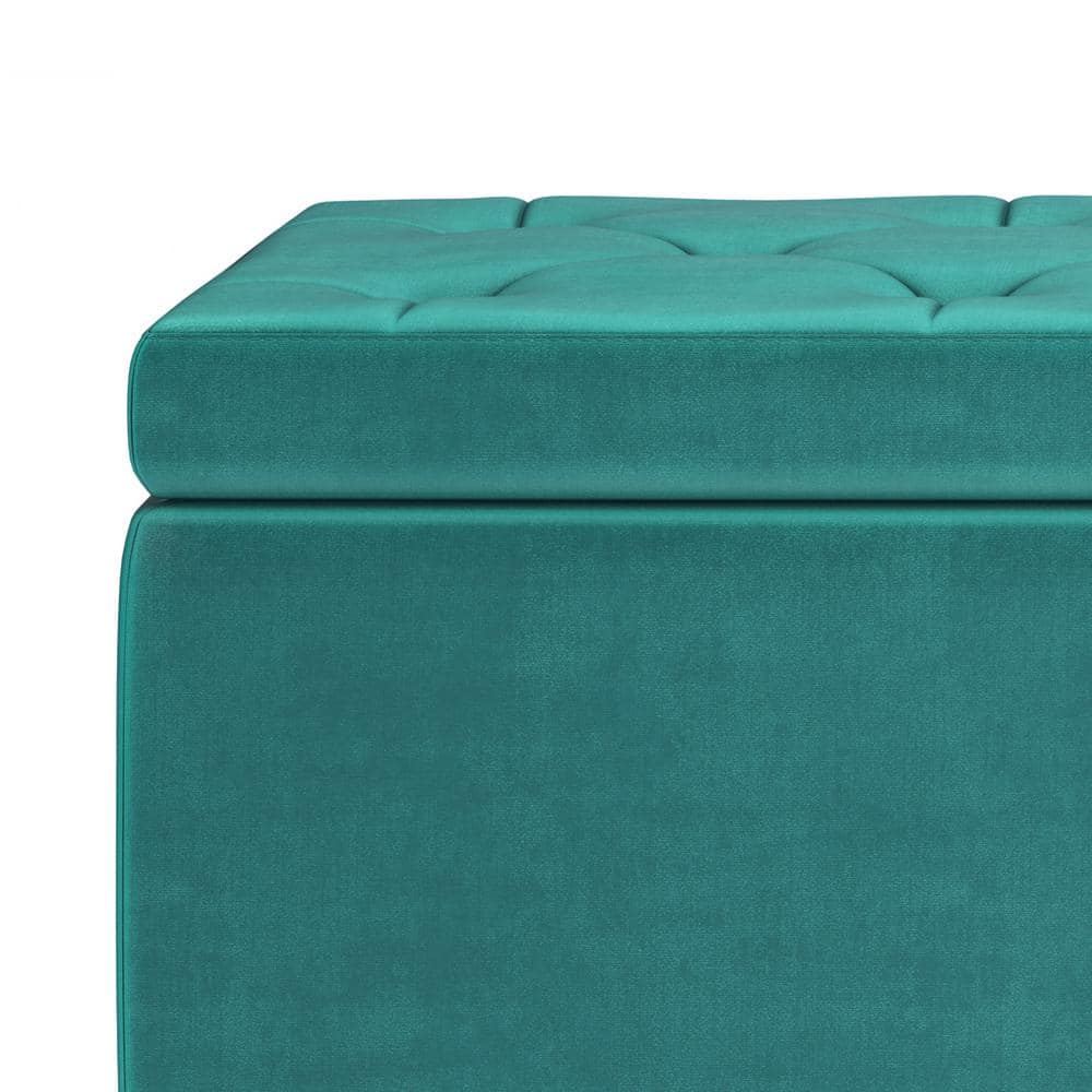 Aqua Blue Velvet Tufted Large Rectangular Storage Footstool
