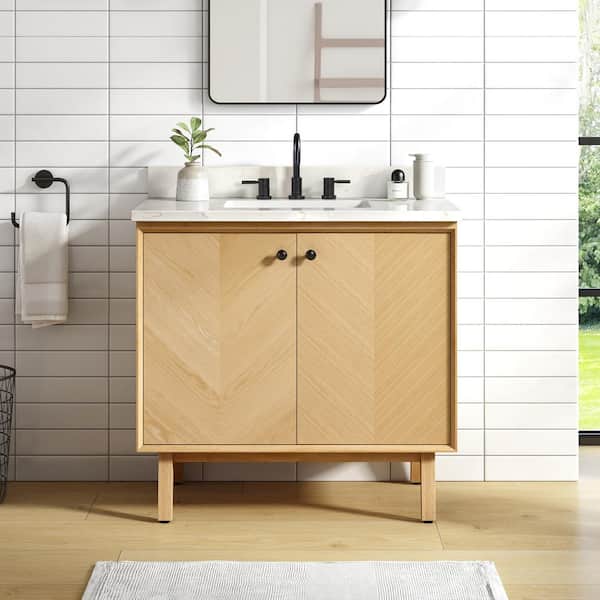 Adele 37 in. Single Sink Natural Oak Bath Vanity with Calacatta White Quartz Top