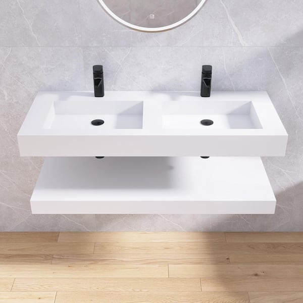 47 in. White Solid Surface Wall-Mounted Bathroom Double Vessel Sinks and Shelves with Faucet Holes