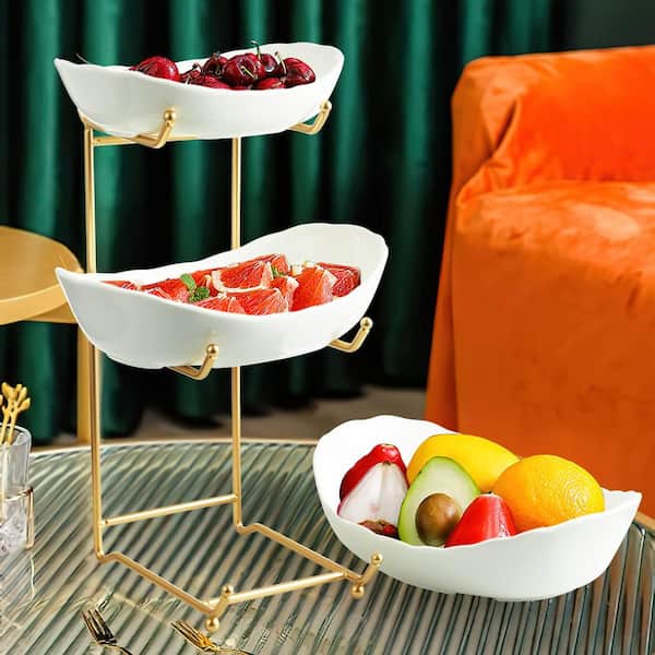 Wudkey 3-Tier White Ceramic Serving Bowls with Golden Metal Stand for Kitchen Counter, Fruit Basket for Fruit Snack Storage