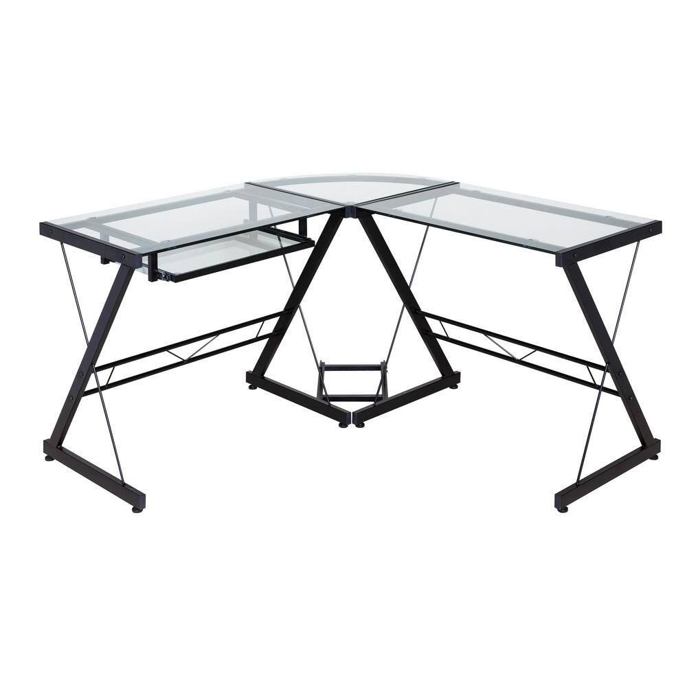 51 in. L-Shaped Black/Clear Computer Desk with Keyboard Tray