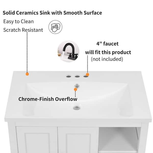 30 in.W x 18.in D. x 33 in. H Bath Vanity in White with Ceramic Vanity Top in White with White Basin