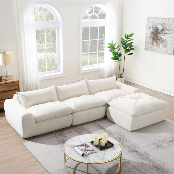 116 in. No Assembly Required Chenille Sectional Sofa in White with Ultra High-Density Foam, Legless Design Without Frame