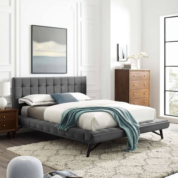 MODWAY Julia Gray Wood Frame Queen Platform Bed with Stain Resistant Polyester Fabric