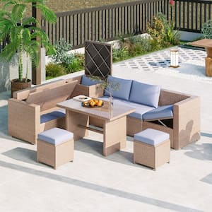 6-Piece Brown Wicker Patio Conversation Set, Sofa Set with Blue Cushions, Storage Box, Removable Covers, Glass Top Table