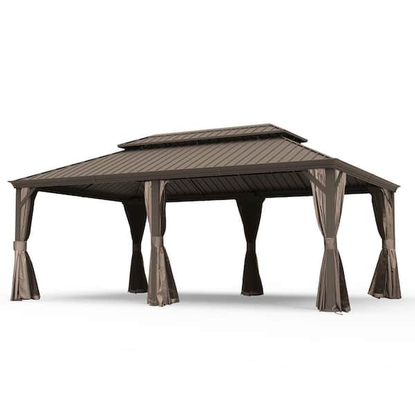 14 ft. x 22 ft. Galvanized Steel Hardtop Patio Gazebo with Double Roof and Mosquito Netting Brown