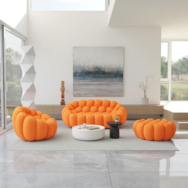 (3-Piece) Bubble Sofa, 78 in. Orange Mesh Fabric Armless Curved Sectional Sofa Set Loveseat Couch with Chair Ottoman