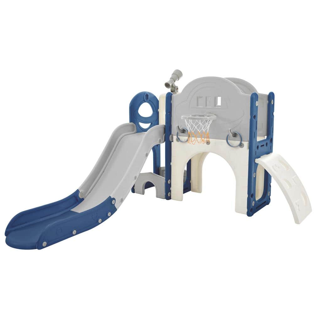 Blue 7-In-1 Freestanding Spaceship Set with Slide, Arch Tunnel, Ring Toss a