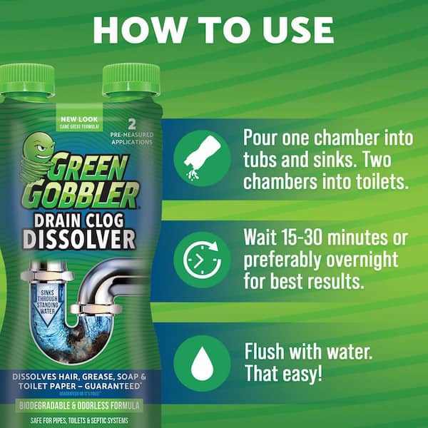 Green Gobbler Drain Clog Remover, Toilet Clog Remover, Dissolve Hair &  Organic Materials from Clogged Toilets, Sinks and Drains, Drain Cleaner  and Opener, 12…