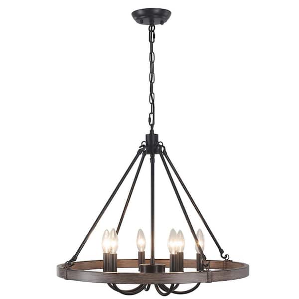 ZJVAIVE 6-Light Matte Black/Wood Grain Flower Design Wagon Wheel Chandelier for Bedroom Kitchen Island with No Bulbs Included