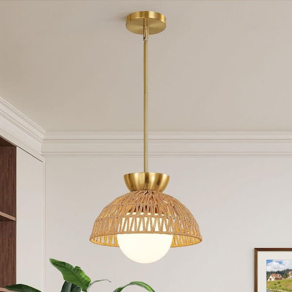 40-Watt 1 Light Gold Rattan Shaded Pendant Light With Adjustable Height Chandelier For Kitchen Island, No Bulbs Included