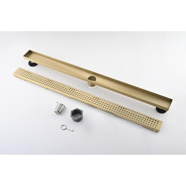 30 in. Stainless Steel Shower Drain with Square Pattern Drain Cover, Hair Strainer and Leveling Feet in Brushed Gold