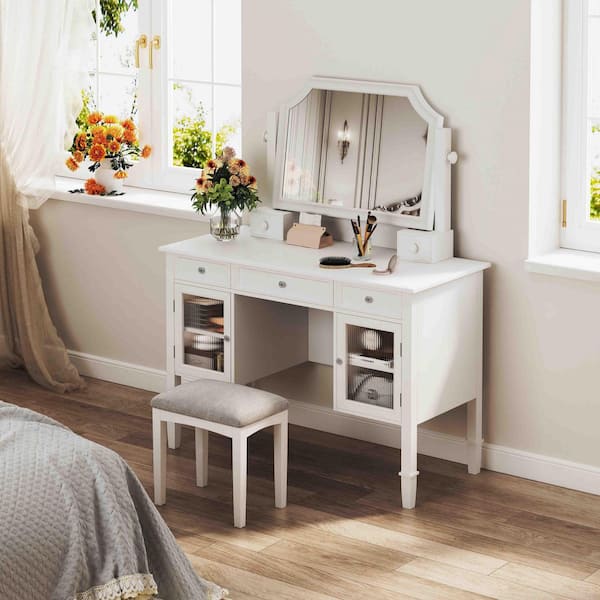 2-Piece White Makeup Vanity Set with Large Adjustable Mirror, Drawer and Cabinet