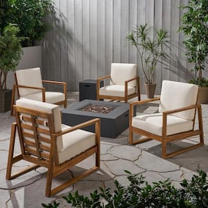 Belgian Teak Brown 6-Piece Wood Patio Fire Pit Seating Set with Beige Cushions