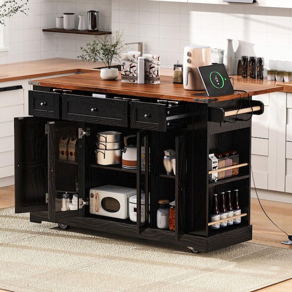 Black Wood 53 in. Rolling Kitchen Island with 2 Tempered Glass Doors, Power Outlet and 3 Drawers