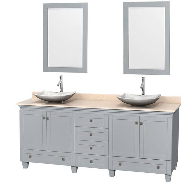 Wyndham Collection Acclaim 80 in. W x 22 in. D Vanity in Oyster Gray with Marble Vanity Top in Ivory with White Basins and 24 in. Mirrors
