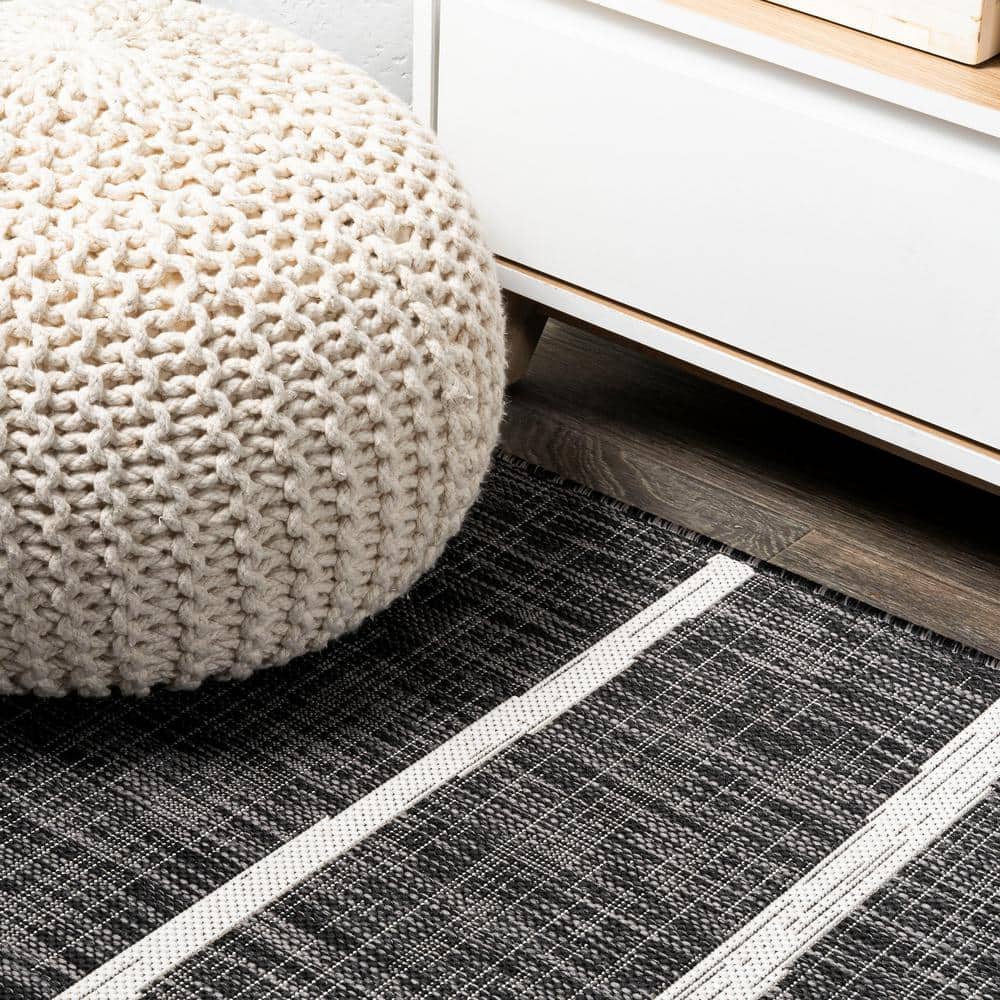 3' x 5' Black and Ivory Synthetic Stripe Rectangular Rug