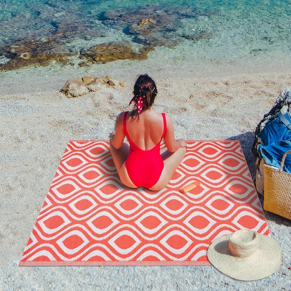 Venice Orange White 8 ft. x 10 ft. Reversible Recycled Plastic Indoor/Outdoor Area Rug-Floor Mat