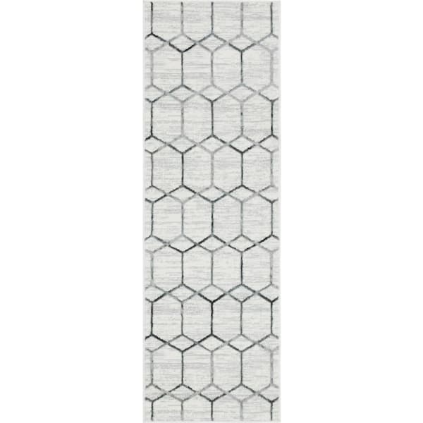 Unique Loom Matrix Trellis Tile Ivory 3 ft. x 10 ft. Runner Rug